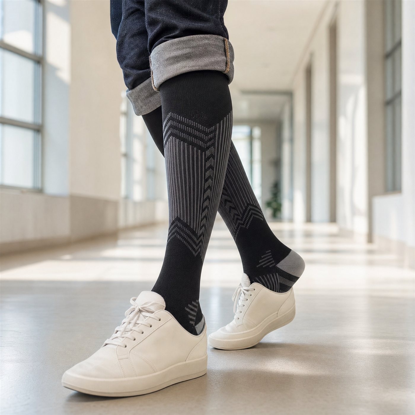 Walking mid-stride in Black/Grey knee-highs with rolled denim