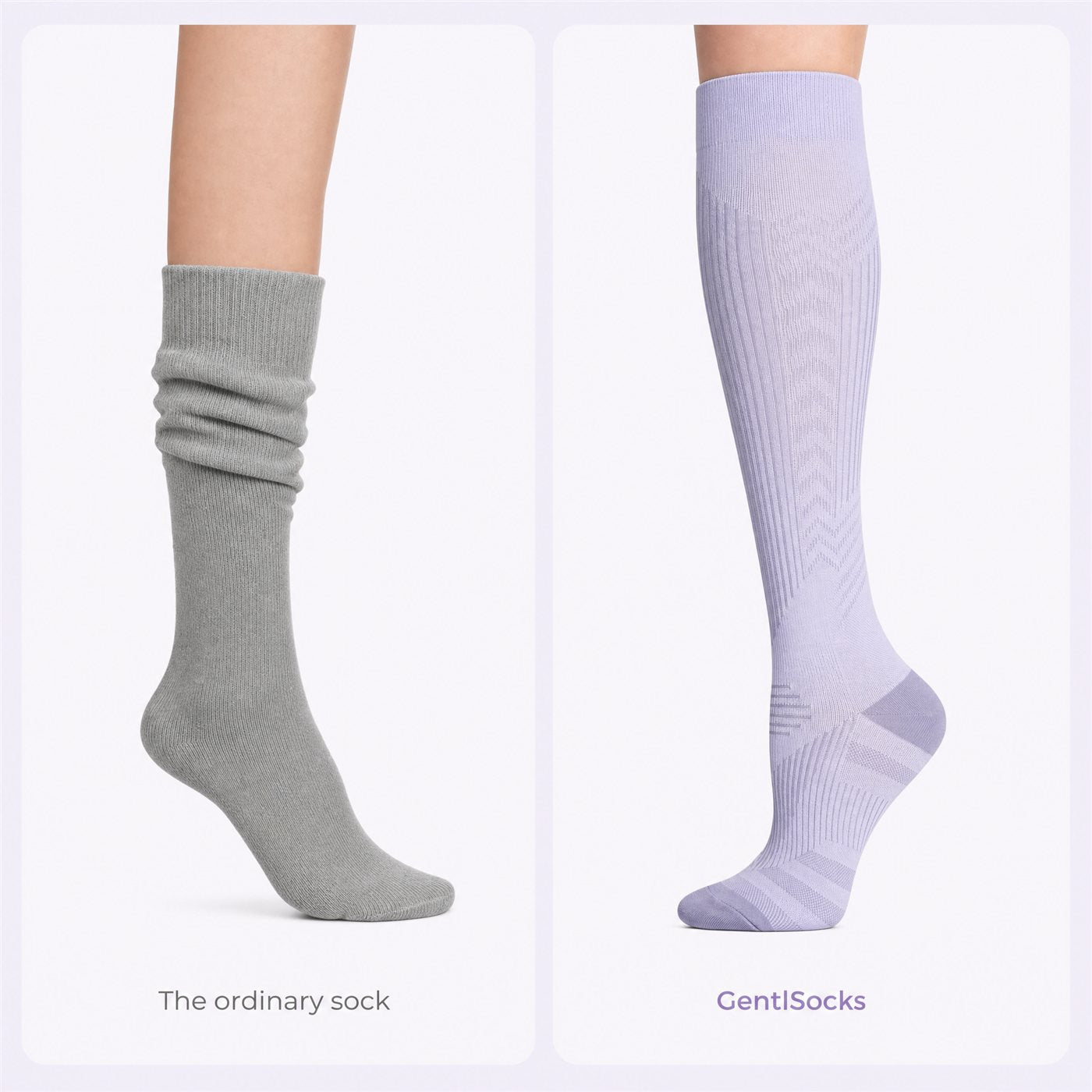 Split comparison: ordinary grey sock vs GentlSocks