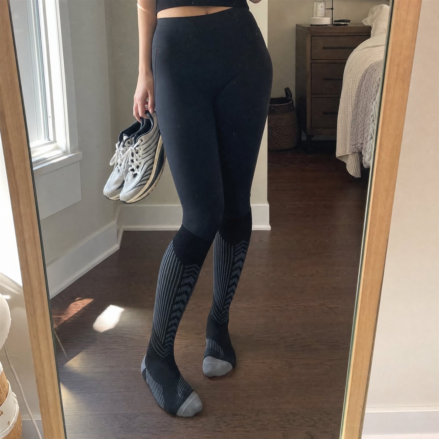Casual mirror scene wearing Black/Grey knee-highs with leggings